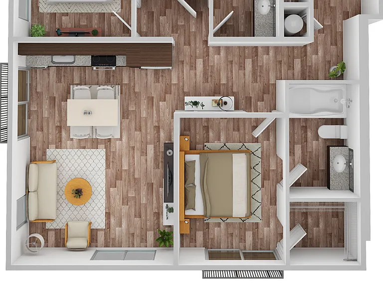 3D Floor Plan Rendering of the Newport Two-Bedroom, Two-Bathroom Layout. 975 square feet 3D Floor Plan Rendering of the Newport Two-Bedroom, Two-Bathroom Layout. 975 square feet