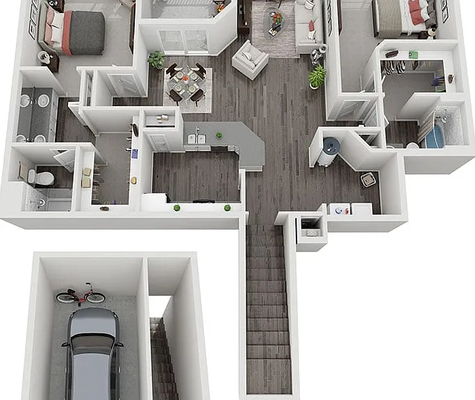 Explore the layout of this stunning two-bedroom apartment with a sleek design and spacious garage. Explore the layout of this stunning two-bedroom apartment with a sleek design and spacious garage.