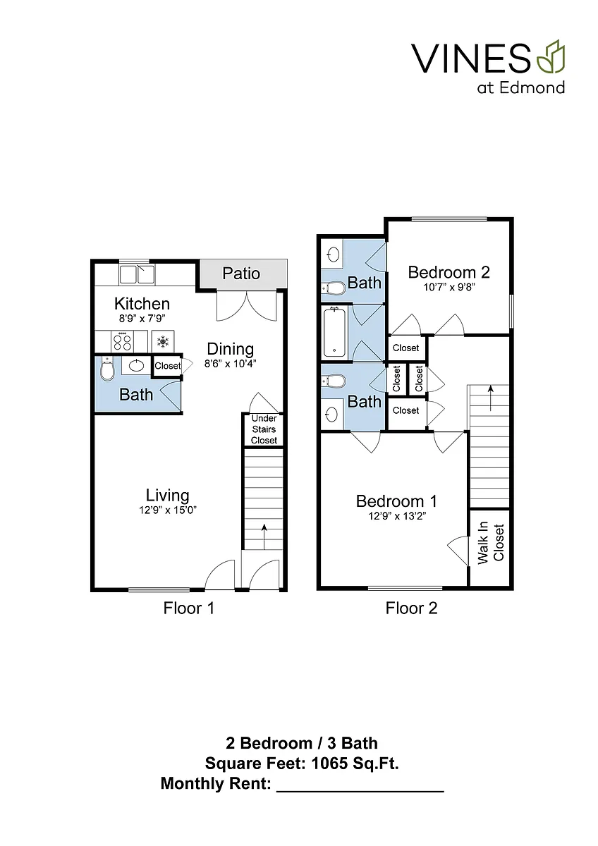 Floor plan 2 Bed 1.5 Bath Townhouse
