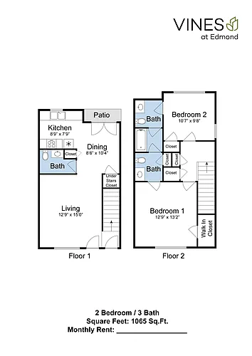 Floor plan 2 Bed 1.5 Bath Townhouse