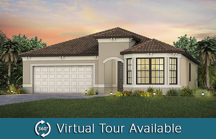 The Prestige, a one-story single family home with 2 car garage, shown as Home Exterior FM3