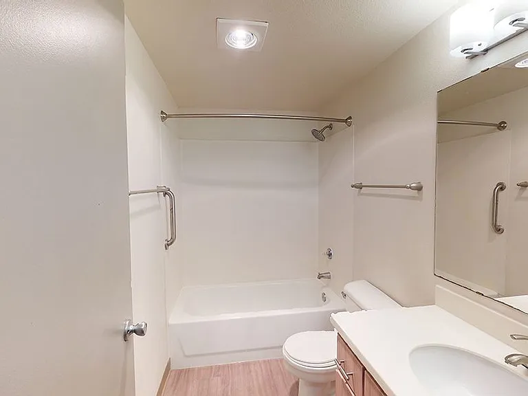 Apartment bathroom with wood-style flooring.