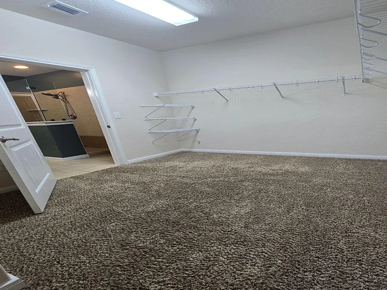 Walk-in closet with carpet flooring and extensive wire shelving, plus convenient access to an en-suite bath.
