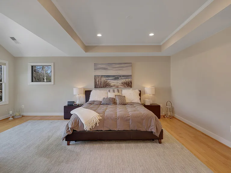 Primary bedroom, tray ceiling, recessed lights