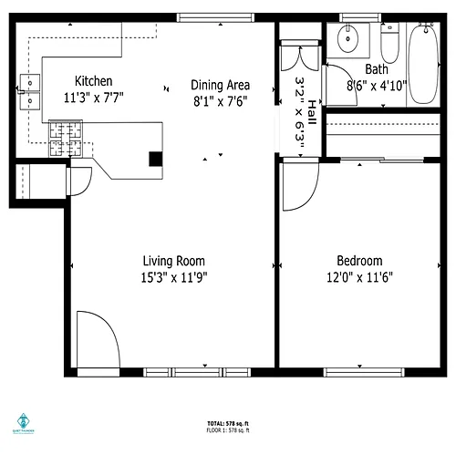 Floor plan 1 Bed 1 Bath lg kitc ctr/LR coat closet
