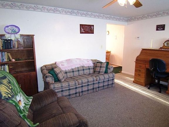 Cheerful living room has wood floors under carpet