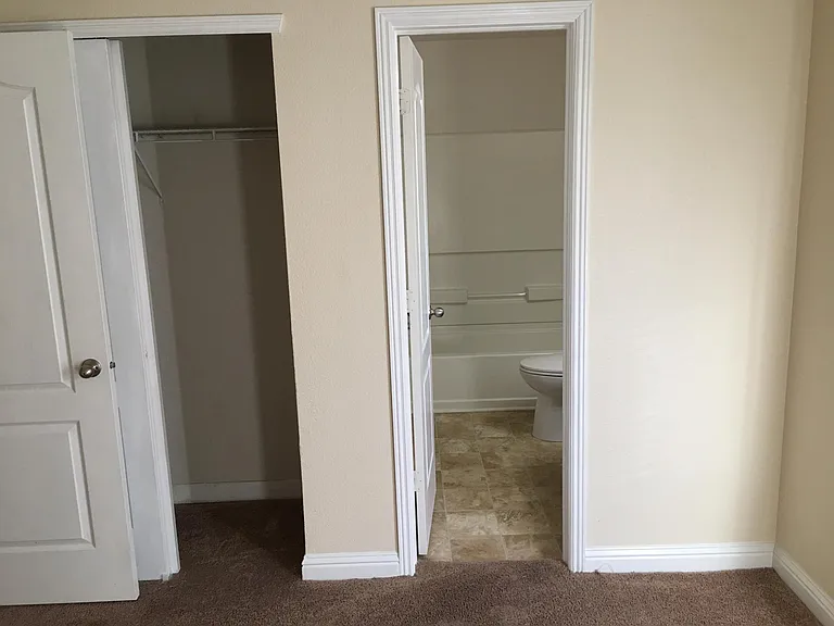 Downstairs private bath, and closet in bedroom. There is another downstairs bathroom.