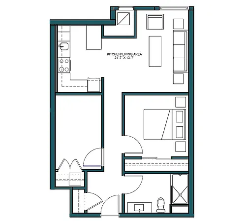 Floor plan 1 Bed/1 Bath Den-B2A