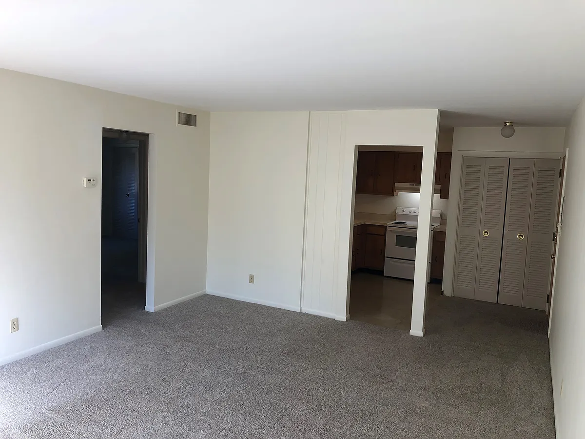 Living room viewing kitchen and entry door/closet/. Bedrooms and bath are to the left. - 1100 Center Ave #201