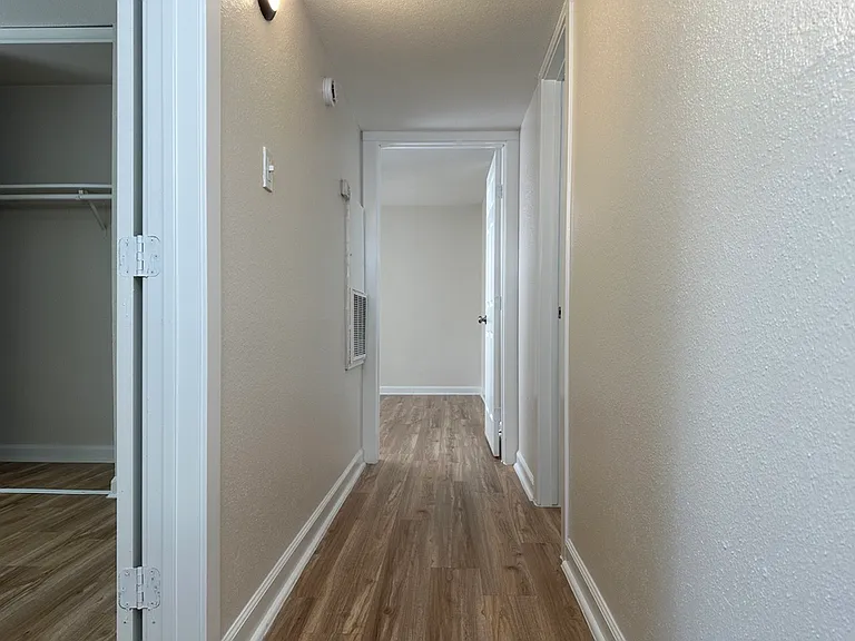 Inviting hallway with elegant wood-style flooring and contemporary lighting, leading to a spacious closet. Inviting hallway with elegant wood-style flooring and contemporary lighting, leading to a spacious closet.