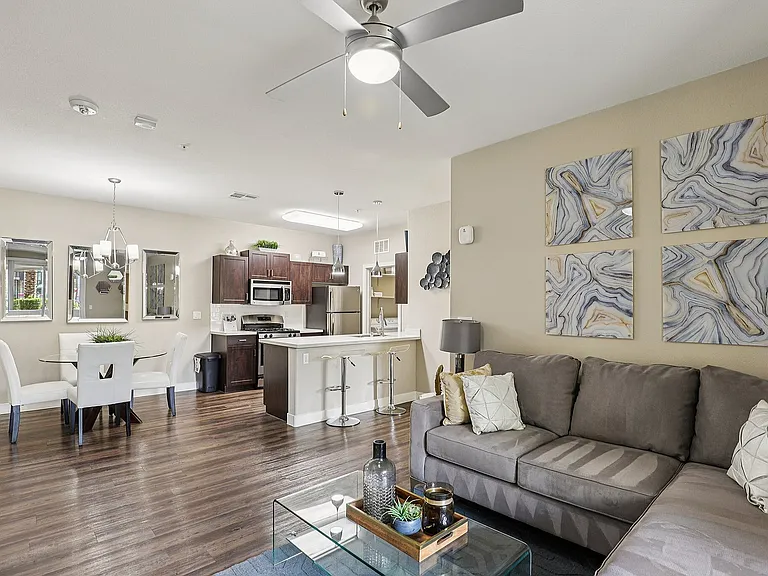 Corner Viewpoint of Living, Dining and Kitchen