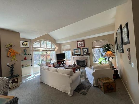 Living Room has Cathedral Ceilings, Fireplace, abundant natural light, access to back private patio.