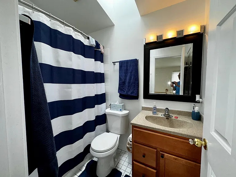 LIGHTED VANITY BATH WITH GRANITE COUNTERS AND SKYLIGHT FROM ABOVE