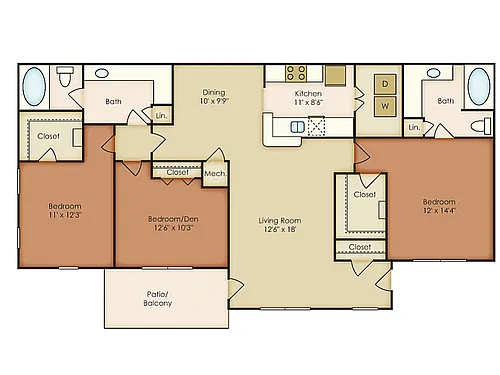 Floor plan 3 Bed, 2 Bath B (80% Income Restricted)