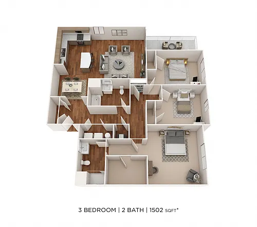 Floor plan Three Bedroom 2 Bath-1502 sqft