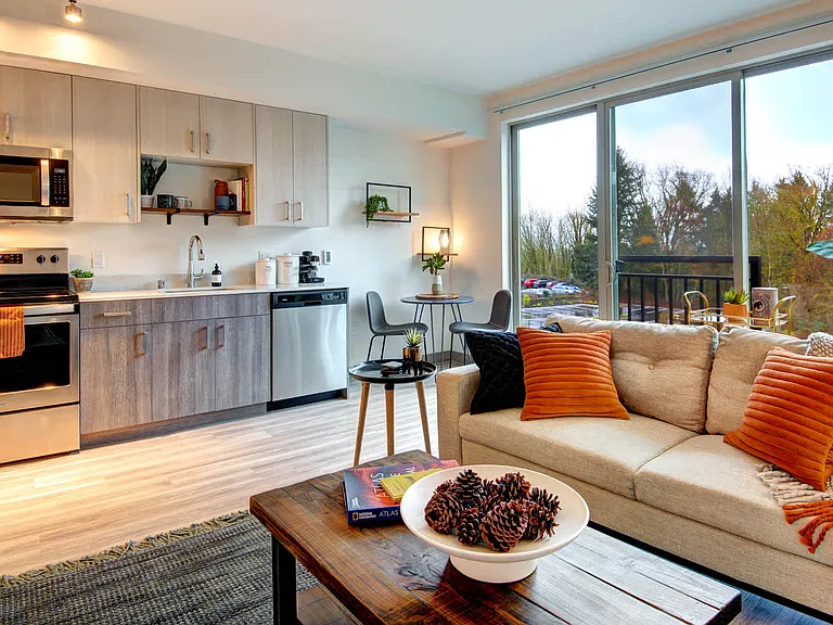 Living Room with Hard Surface Flooring and Expansive Windows