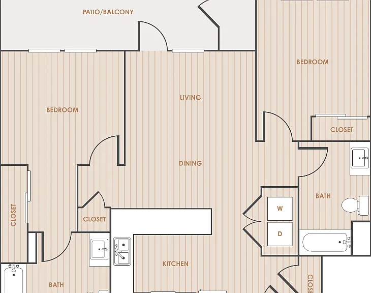 2 Bedroom 2 Bathroom 2BS Floorplan Diagram