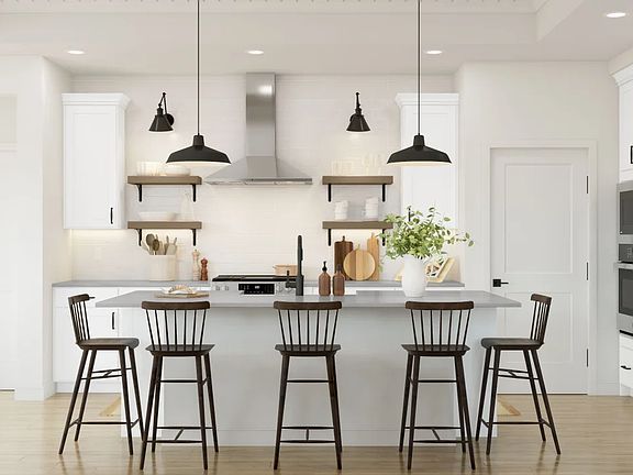 Kitchen with pendant lighting and floating shelves