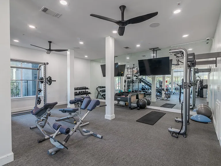 Weight Lifting Equipment in the Fitness Center at Abstract at Design District in Dallas TX, 75207