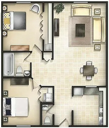 Floor plan 2 bed / 1.5 bath flat 966 sqft at Rolling Hills