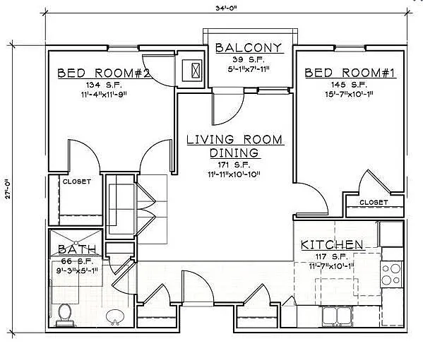 Floor plan 2 Bedroom/1 Bath