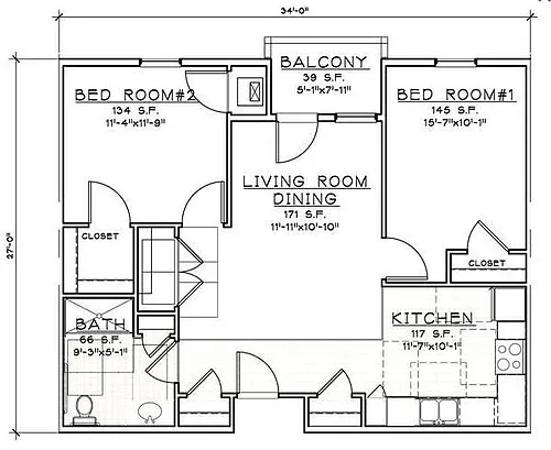 Floor plan 2 Bedroom/1 Bath