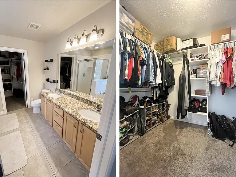 Primary suite bathroom and walk-in closest