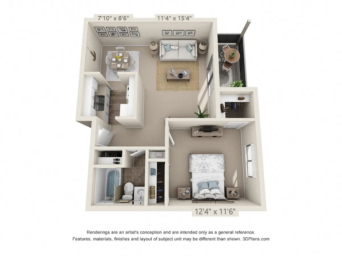 Floor plan 1 Bedroom, 1 Bath (Patiowith Dishwasher)