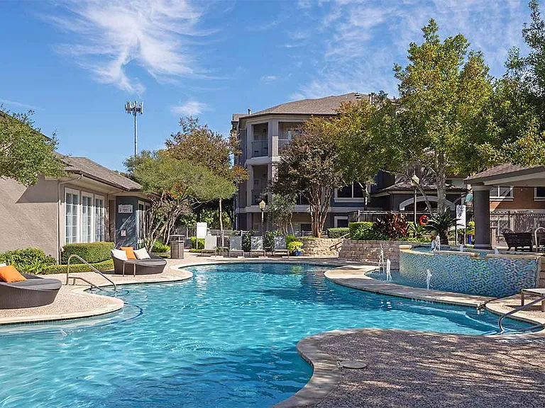 Apartment community resort style pool at Griffis Lakeline in Austin, Texas.