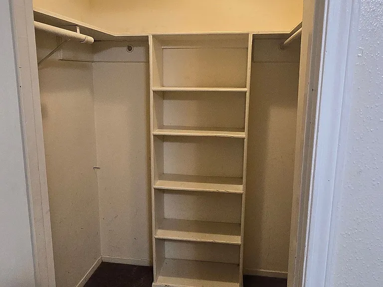 nice sized walking closet with built-in shelves