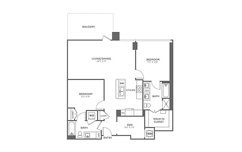 Floor plan Two Bedroom Two Bath With Den (1,192 SF)