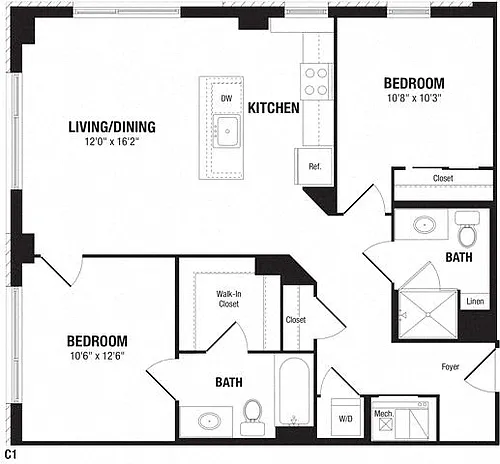 Floor plan 2 Bedroom, 2 Bath 987 SF C1
