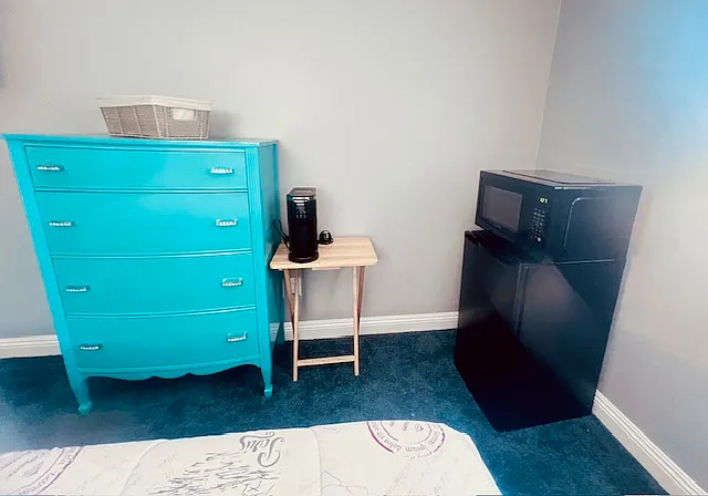 Bedroom #3: King-size Bed w/ memory foam mattress, Flat screen TV w/ Fire-stick, Ceiling fan, Dresser, Nite stands, Mini Fridge/Microwave, Spacious closet, Coffee maker