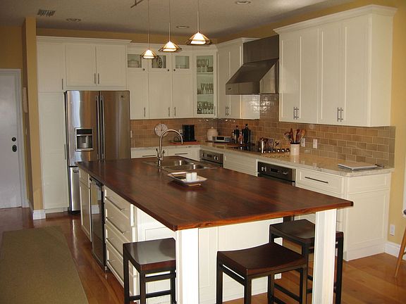 walnut island; marble counters