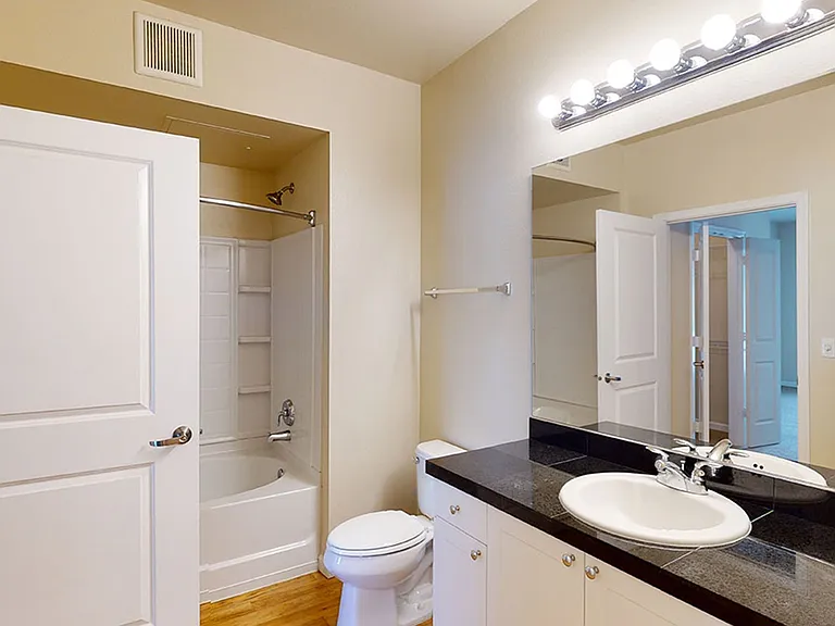 Apartment bathroom with wood-style flooring.