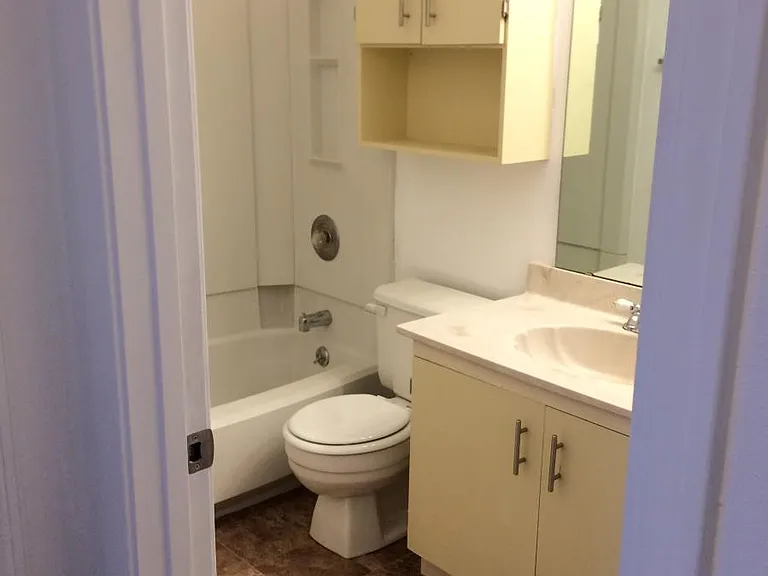 The bathroom with new flooring