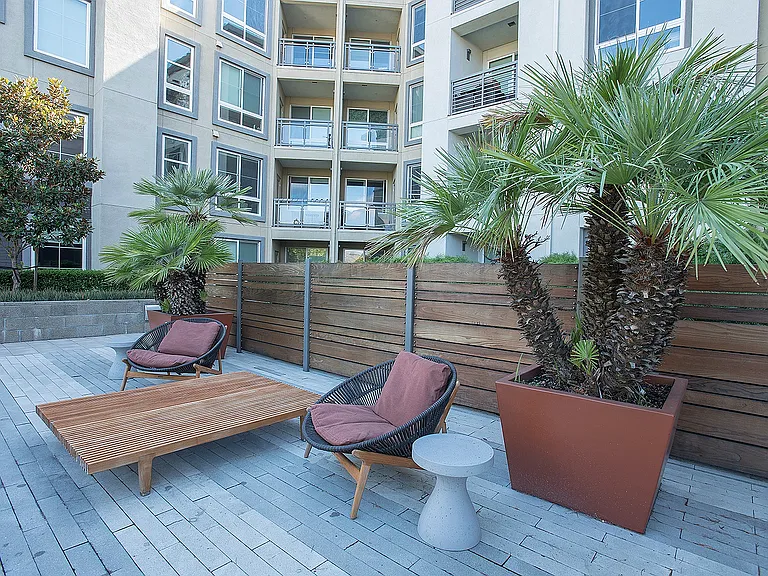 Courtyard lounge with comfortable seating surrounded by palm trees at Aster Apartments near BART.