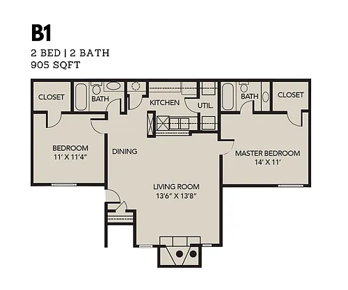 Floor plan 2 Bedroom 2 Bath (B1)