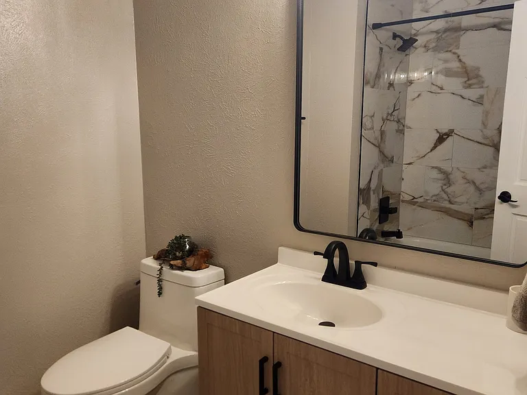 All new fixtures and surfaces in the hallway bathroom.