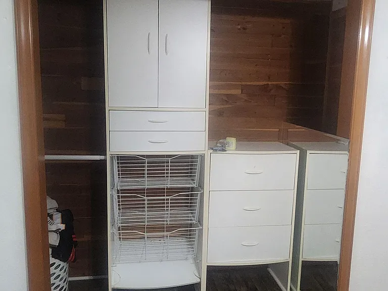 Open closet/storage alcove with built-in shelving and drawers, offering convenient organization for clothing and essentials.