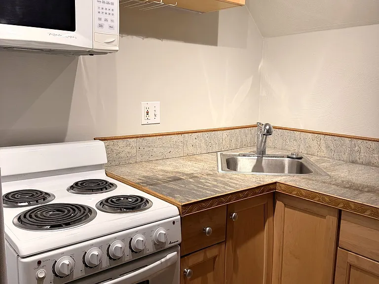 Kitchen range and microwave.