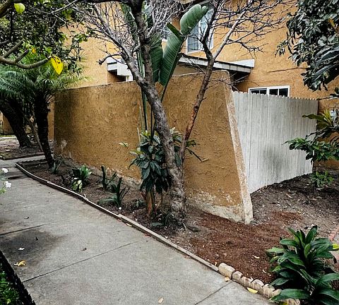 Outdoor sidewalk patio view.