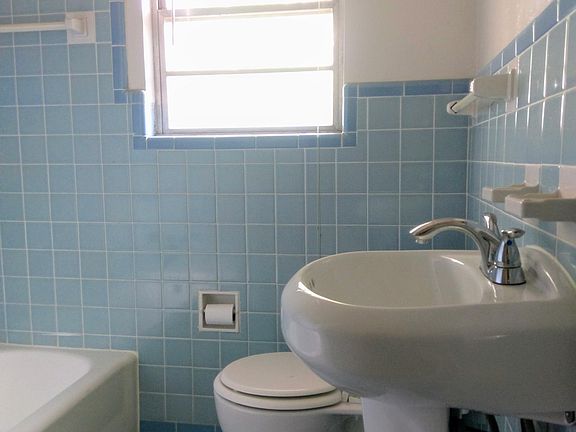 Original blue tile adds personality to this light filled bathroom.