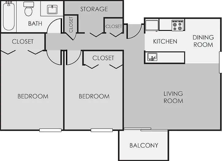 Two Bedrooms One Bathroom Floorplan Diagram