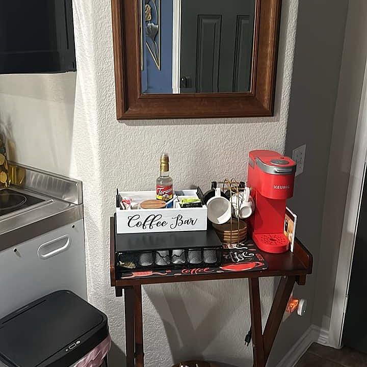 Coffee bar with condiments, just let us know your favorite flavor syrup.