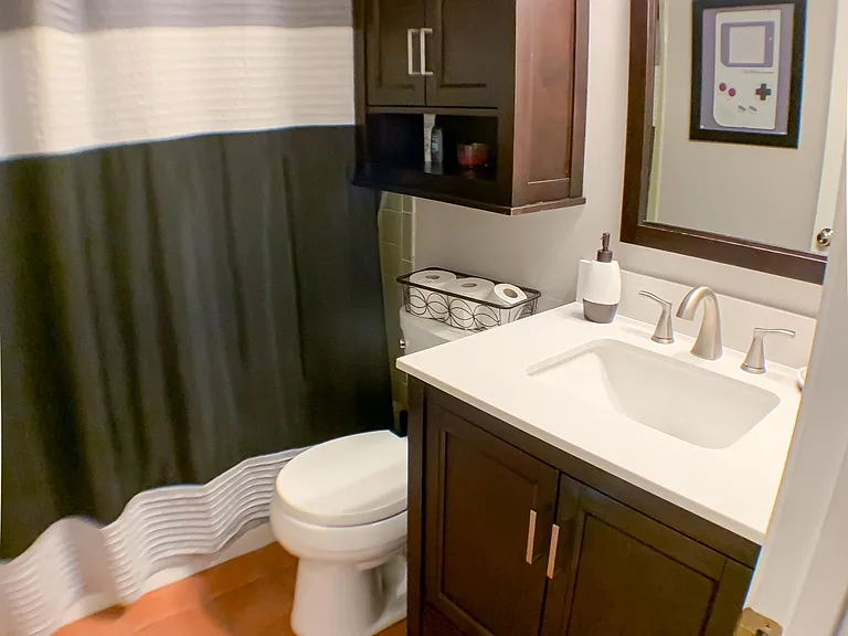 Upscale bathroom with updated vanity, sink and cabinets in hallway next to living room.