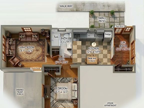Floor plan showing furniture simulation. Note exterior walls are brick, granite, and white siding.