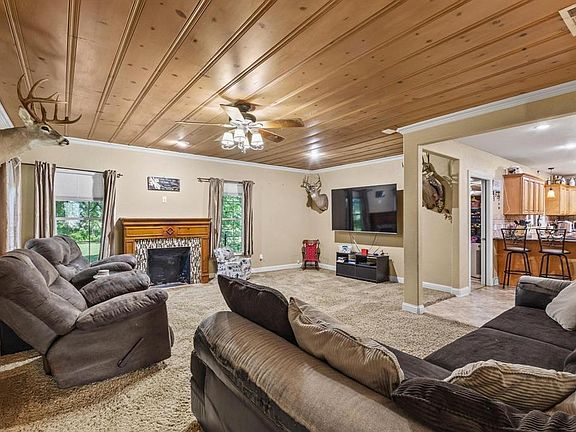 Living room with wooden ceiling, baseboards, crown molding, and visible vents