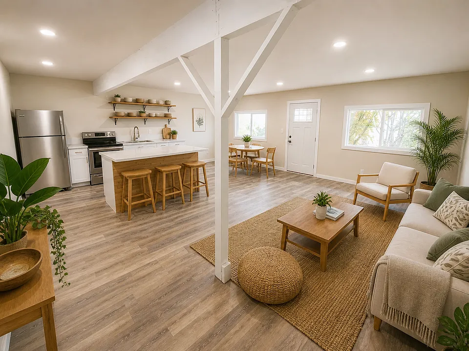 Open concept living room, dining room and kitchen. 

Photos have been digitally staged using AI.