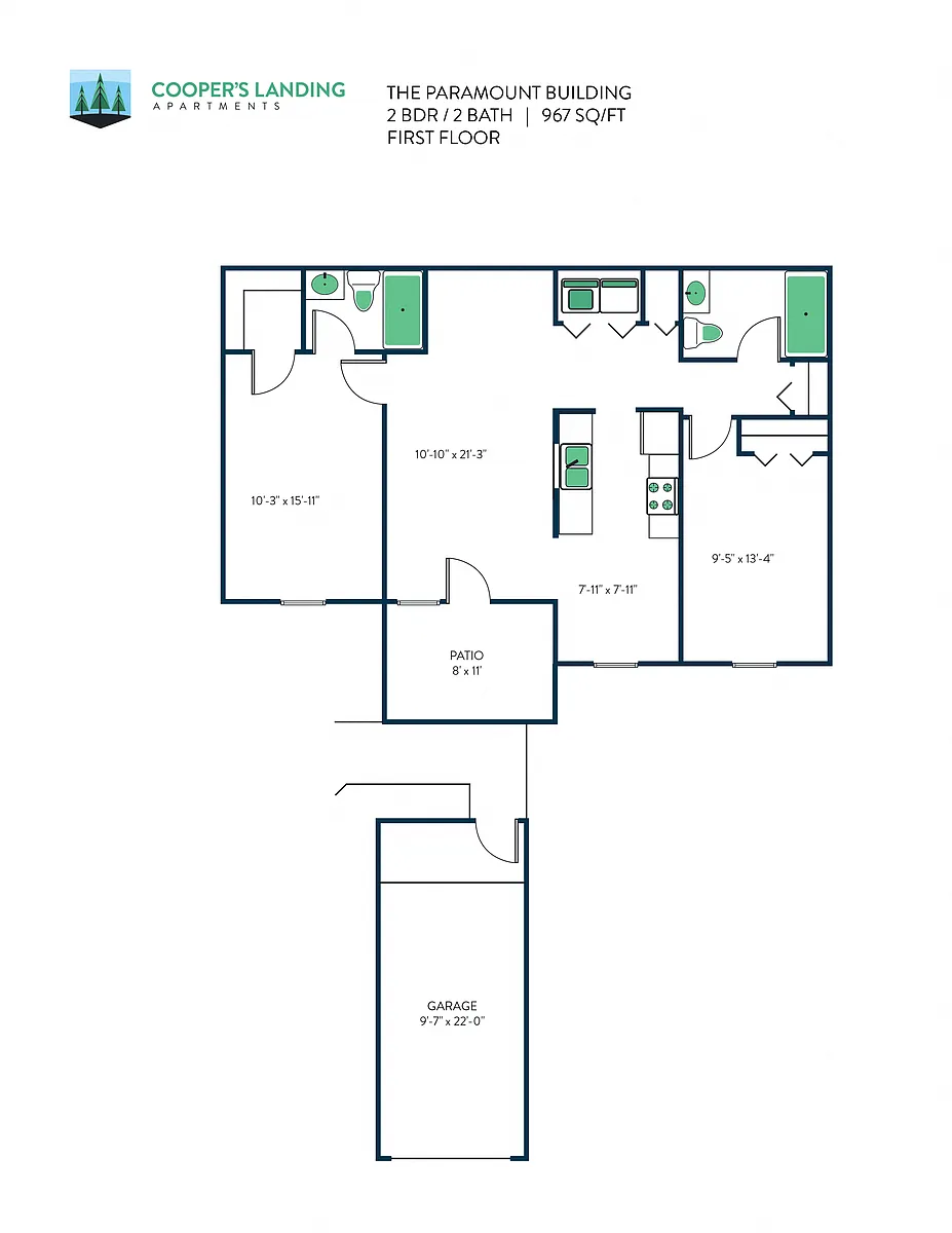Floor plan 2 Bed, 2 Bath - 967 sq ft